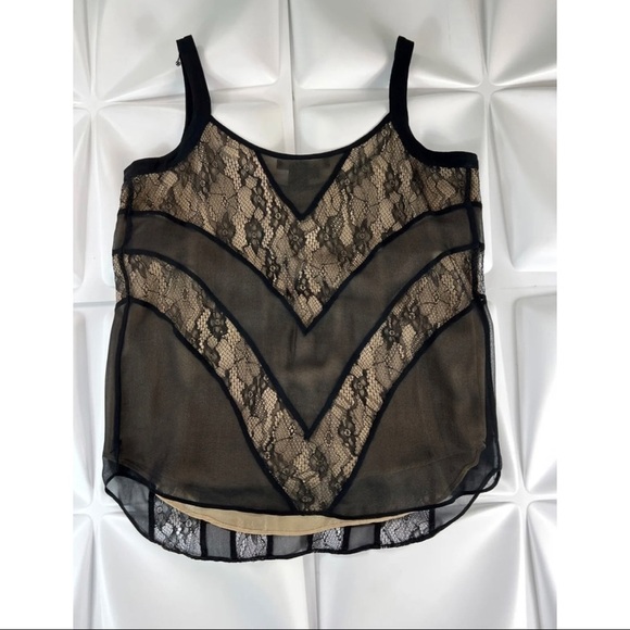 Etcetera Sz 2 Black 100% Silk Lace Chiffon Overlay Tank Top Cami Blouse - Picture 3 of 4